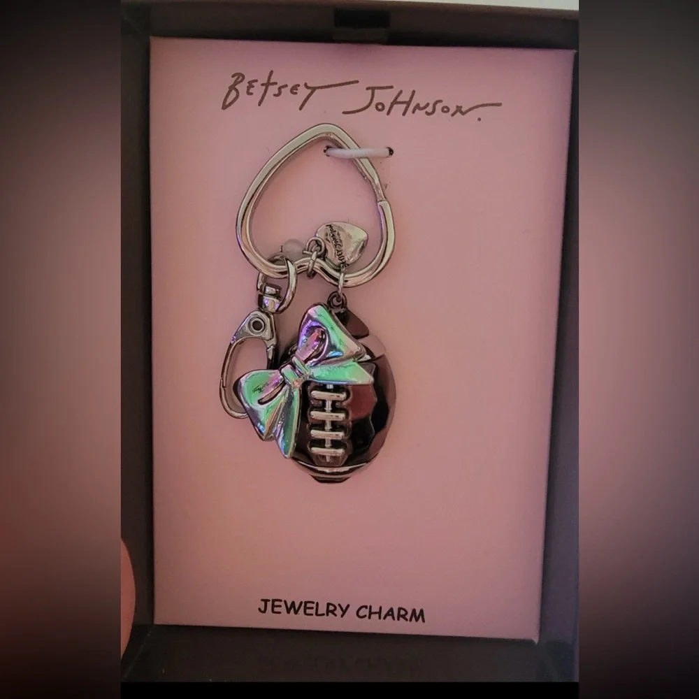 BETSEY JOHNSON Shiny Metallic Football with Pink Bow Bag Charm Keychain NEW NWT